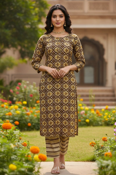 Mustard Yellow Rayon Kurti Set with Elastic Pant, Foil Geometric Print, Round Neck, 3/4 Sleeves - Mustard Yellow