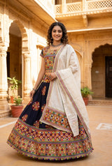 Designer Navratri Chaniya Choli with Heavy Kutchi Mirror Embroidery and Contrast Plain Skirt, Black & White - Black & White