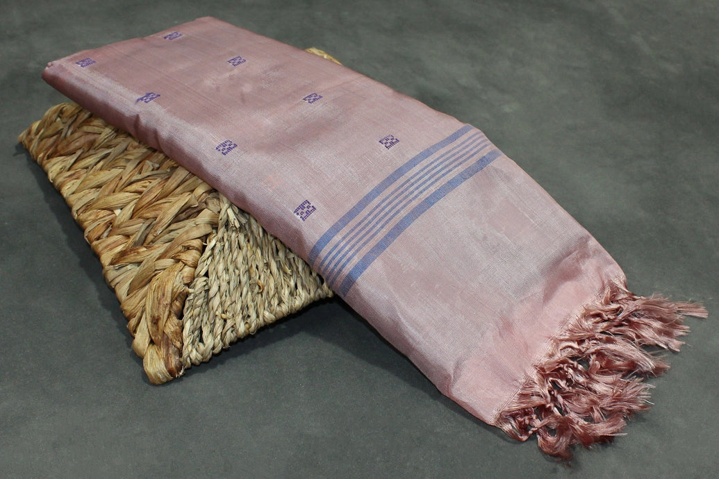 Blue & Light Onion Pink Vaazhai Naar (Banana Pith) Borderless Saree with Small Butta - Blue & Light Onion Pink