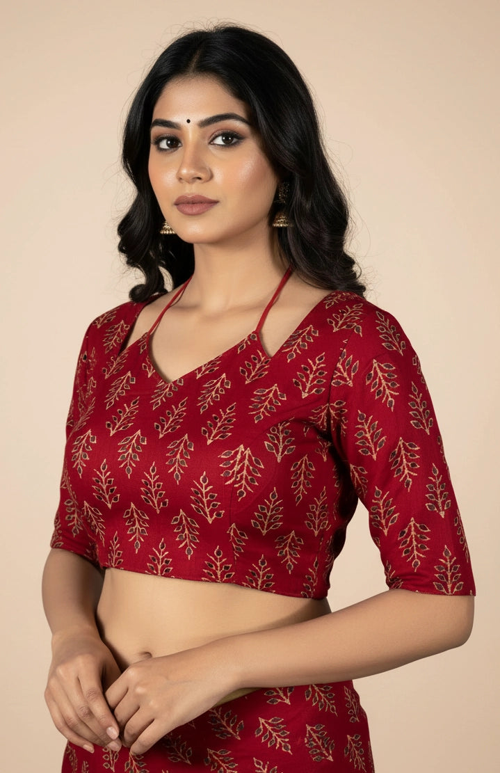 Red Floral Print Cotton Padded Blouse with Leaf Motifs, Elbow Sleeves & Back Knot, Ready to Wear - Red
