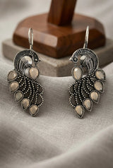 Oxidized Peacock Feather Drop Earrings in Silver-Tone with Peach/Green/Yellow Stones