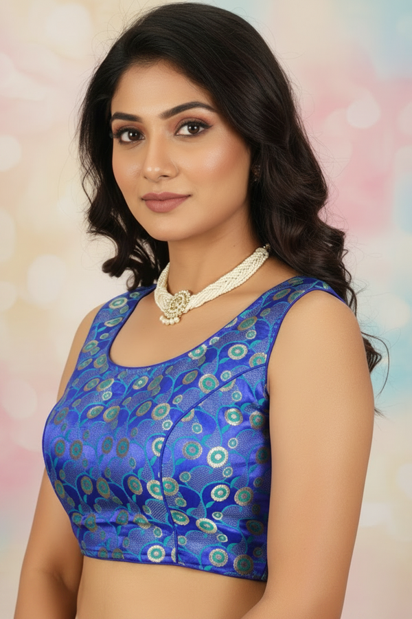 Bright Royal Blue Designer Padded Readymade Blouse with Intricate Circular Motifs and Zari Finish, Back Knot