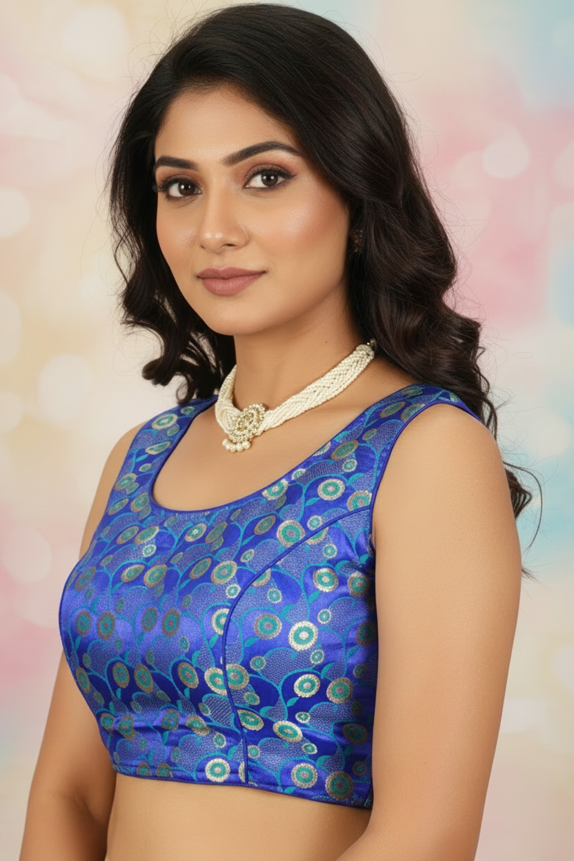 Bright Royal Blue Designer Padded Readymade Blouse with Intricate Circular Motifs and Zari Finish, Back Knot