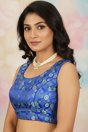 Bright Royal Blue Designer Padded Readymade Blouse with Intricate Circular Motifs and Zari Finish, Back Knot