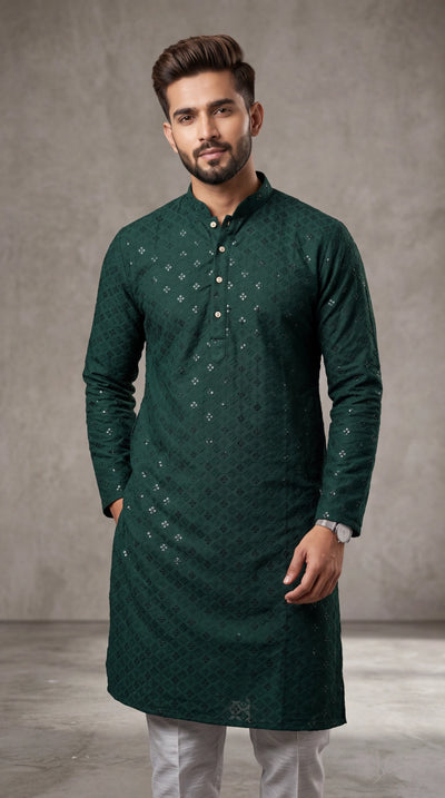 Men’s Green Lakhnavi Kurta with All-Over Buti & Stand Collar, Long Kurta for Festive Wear - Green