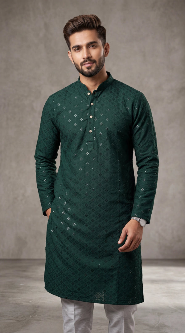 Men’s Green Lakhnavi Kurta with All-Over Buti & Stand Collar, Long Kurta for Festive Wear - Green