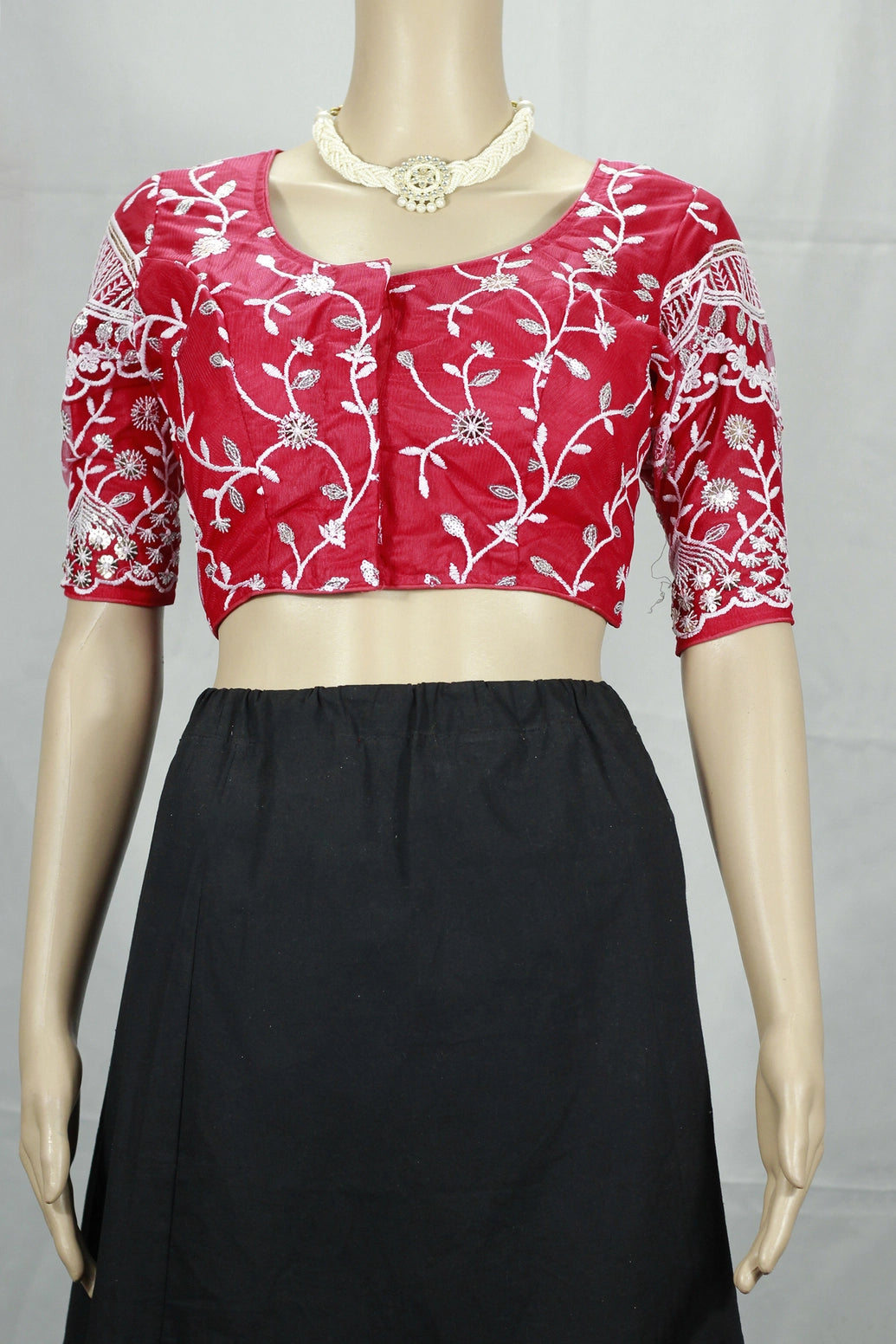 Red Readymade Designer Padded Blouse with Aari Floral Embroidery, Fully Stitched Back Knot and Elbow Sleeves - Red