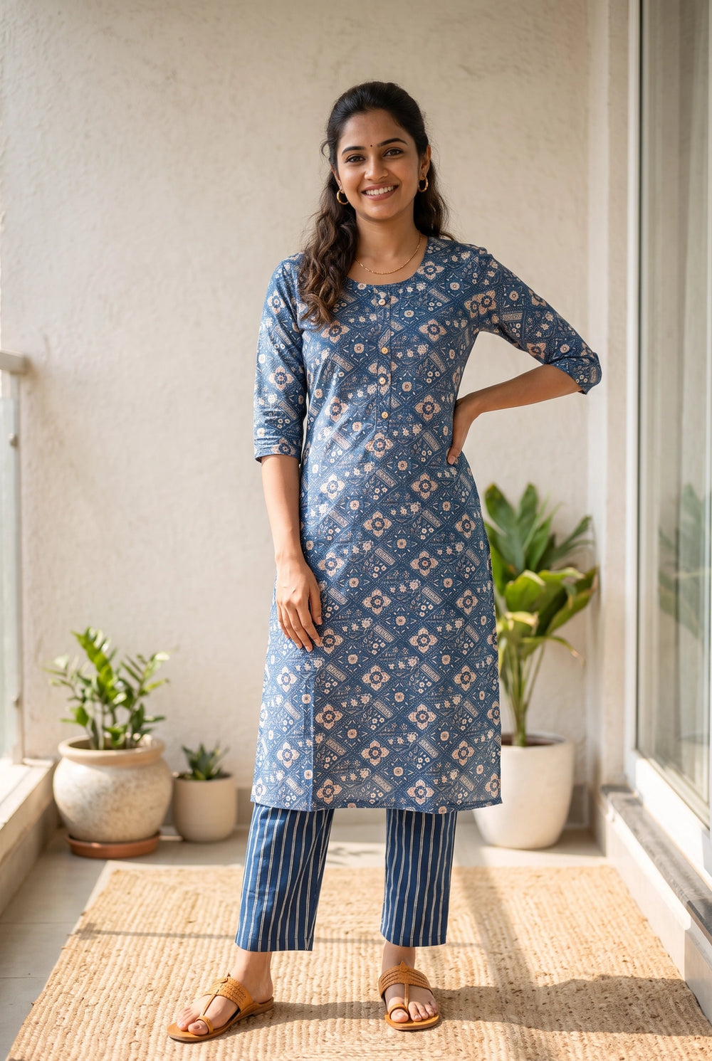 Teal Green Rayon 2-Piece Kurti Set with Elastic Pant, Capsule Foil Geometric Floral Print - Teal Green