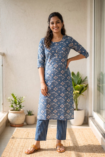 Teal Green Rayon 2-Piece Kurti Set with Elastic Pant, Capsule Foil Geometric Floral Print - Teal Green