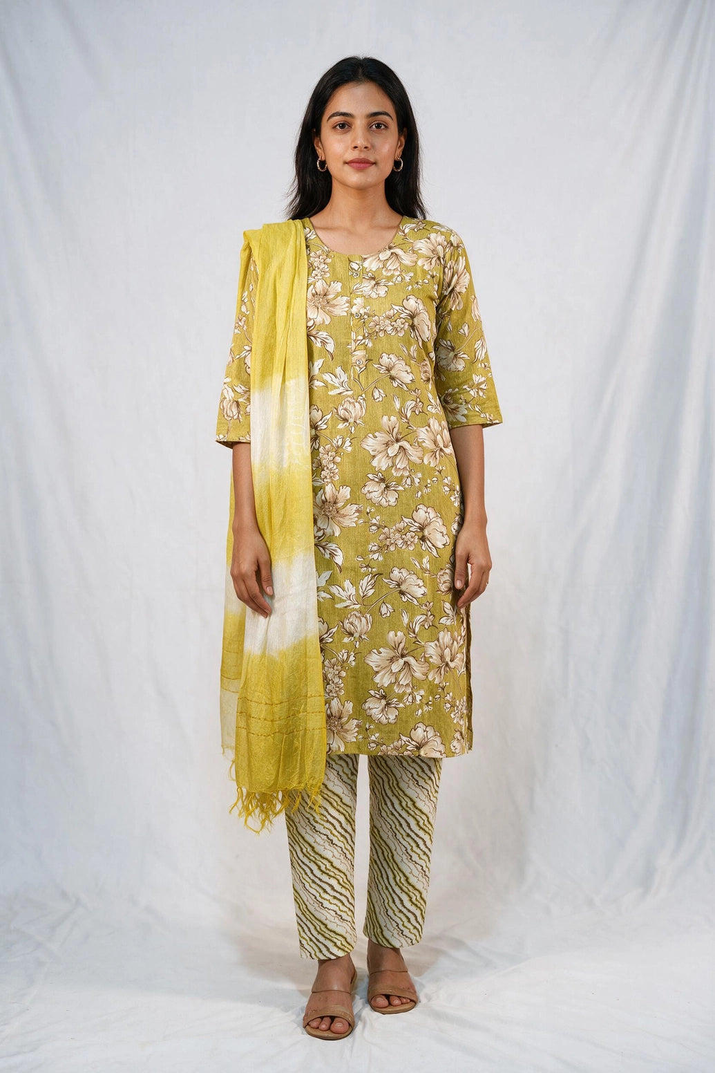 Olive Yellow Cotton Floral Kurti Set with Elastic Pant and Matching Dupatta for Women - Olive Yellow
