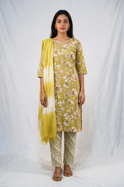 Olive Yellow Cotton Floral Kurti Set with Elastic Pant and Matching Dupatta for Women - Olive Yellow