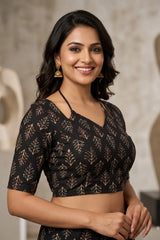 Black Floral Print Padded Cotton Blouse with Leaf Motifs, Elbow Sleeves & Back Knot, Readymade Designer Blouse - Black