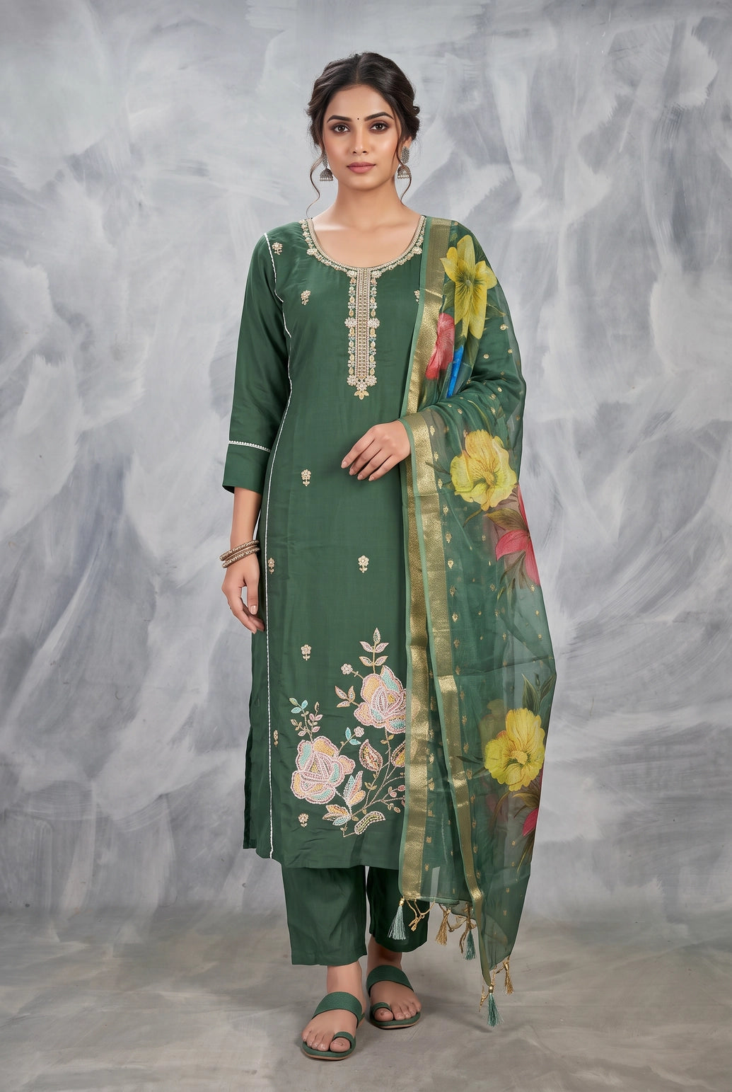 Deep Bottle Green Roman Silk 3-Piece Kurti Set with Elastic Pant and Digital Jacquard Dupatta - Deep Bottle Green