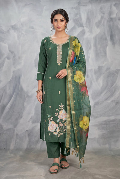 Deep Bottle Green Roman Silk 3-Piece Kurti Set with Elastic Pant and Digital Jacquard Dupatta - Deep Bottle Green