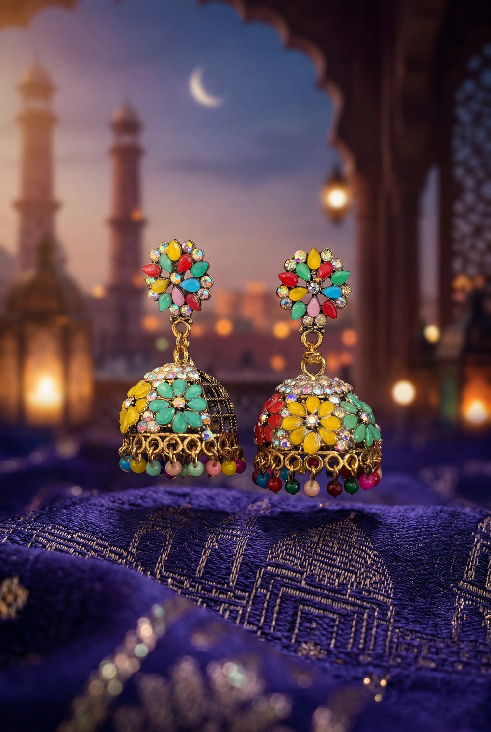 Traditional Gold-Tone Jhumka Earrings with Floral Stud & Multicolor Bead Danglers