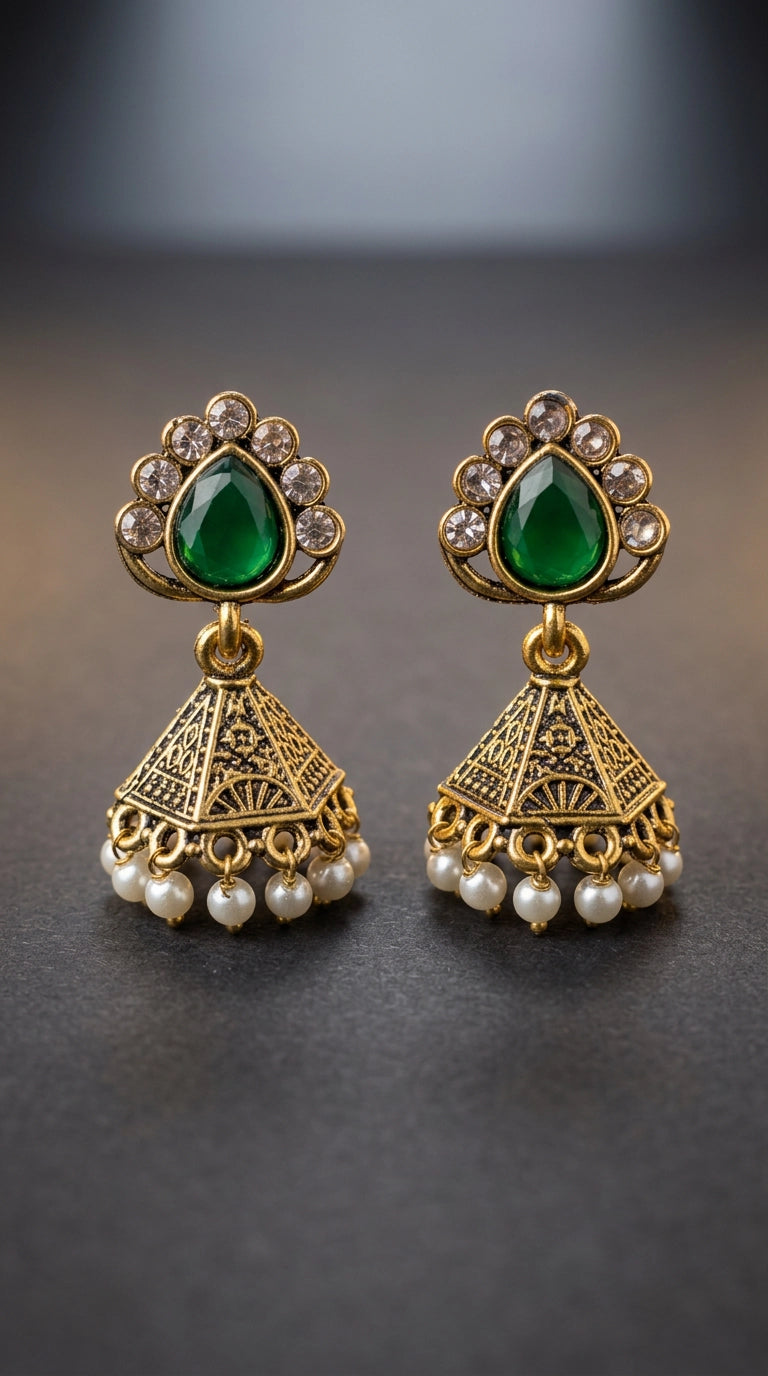 Jeweled Dome Jhumka Earrings with Pearl Bead Danglers, Intricate Cutwork (Black/Green/Maroon)