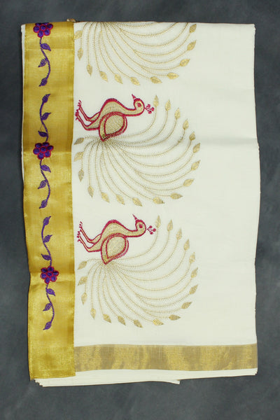 Pure Kerala Cotton White Saree with Gold Zari Peacock Embroidery - White