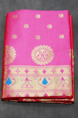 Bright Pink Paithani Pure Silk Saree with Zari Woven Peacock Pallu and Designer Border - Bright Pink