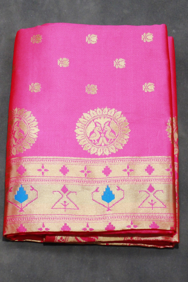 Bright Pink Paithani Pure Silk Saree with Zari Woven Peacock Pallu and Designer Border - Bright Pink