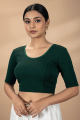 Green Readymade Stretchable Designer Blouse with Elbow Sleeve & Back Crisscross Straps - Green