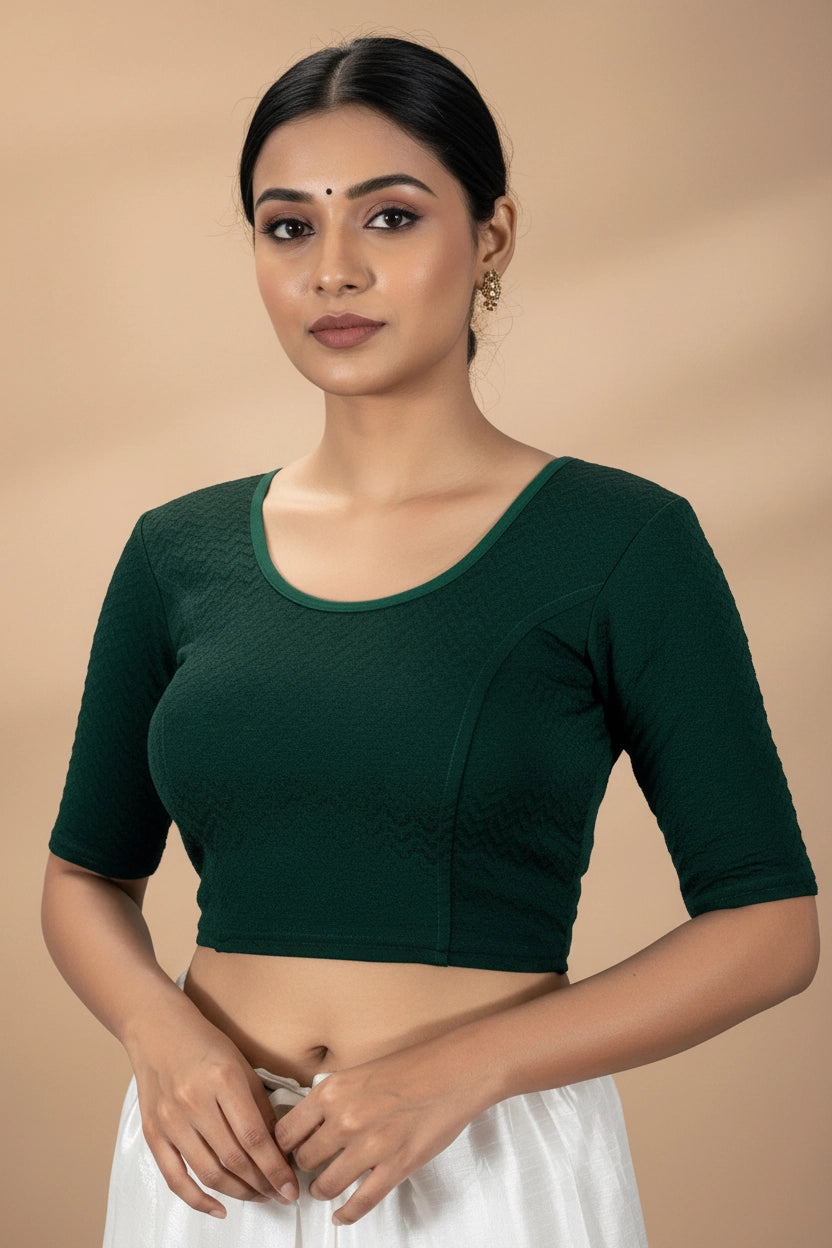 Green Readymade Stretchable Designer Blouse with Elbow Sleeve & Back Crisscross Straps - Green