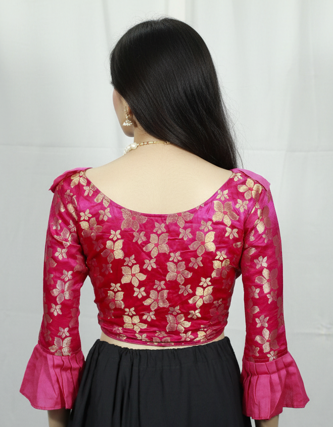 Pink Readymade Designer Padded Blouse with Heavy Jari Work and Tassels, Elbow Sleeves, Back Knot