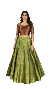 Mehendi Green Jacquard Silk Lehenga with Contrast Maroon Zari Woven Blouse and Flared Skirt - Mehendi Green