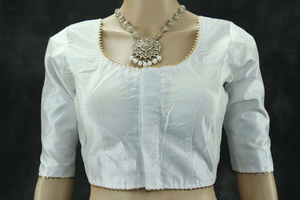 Readymade Padded White Raw Silk Blouse - Elbow Sleeve with Back Knot Blouse JCS Fashions White 36