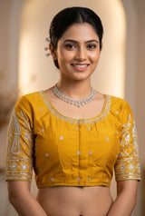 Yellow Embroidery Silk Padded Designer Blouse (Fully Stitched) Elbow Sleeve - Yellow
