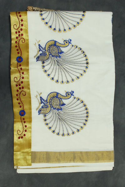 White Kerala Cotton Saree with Gold Zari Border and Peacock Embroidery | Blouse Piece - White
