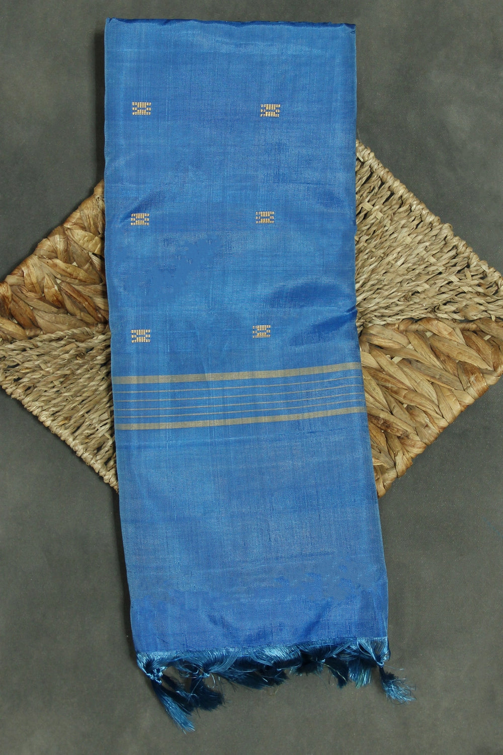Blue & Mustard Vaazhai Naar (Banana Pith) Saree with Small Butta Allover, Borderless Design, Striped Pallu - Blue & Mustard