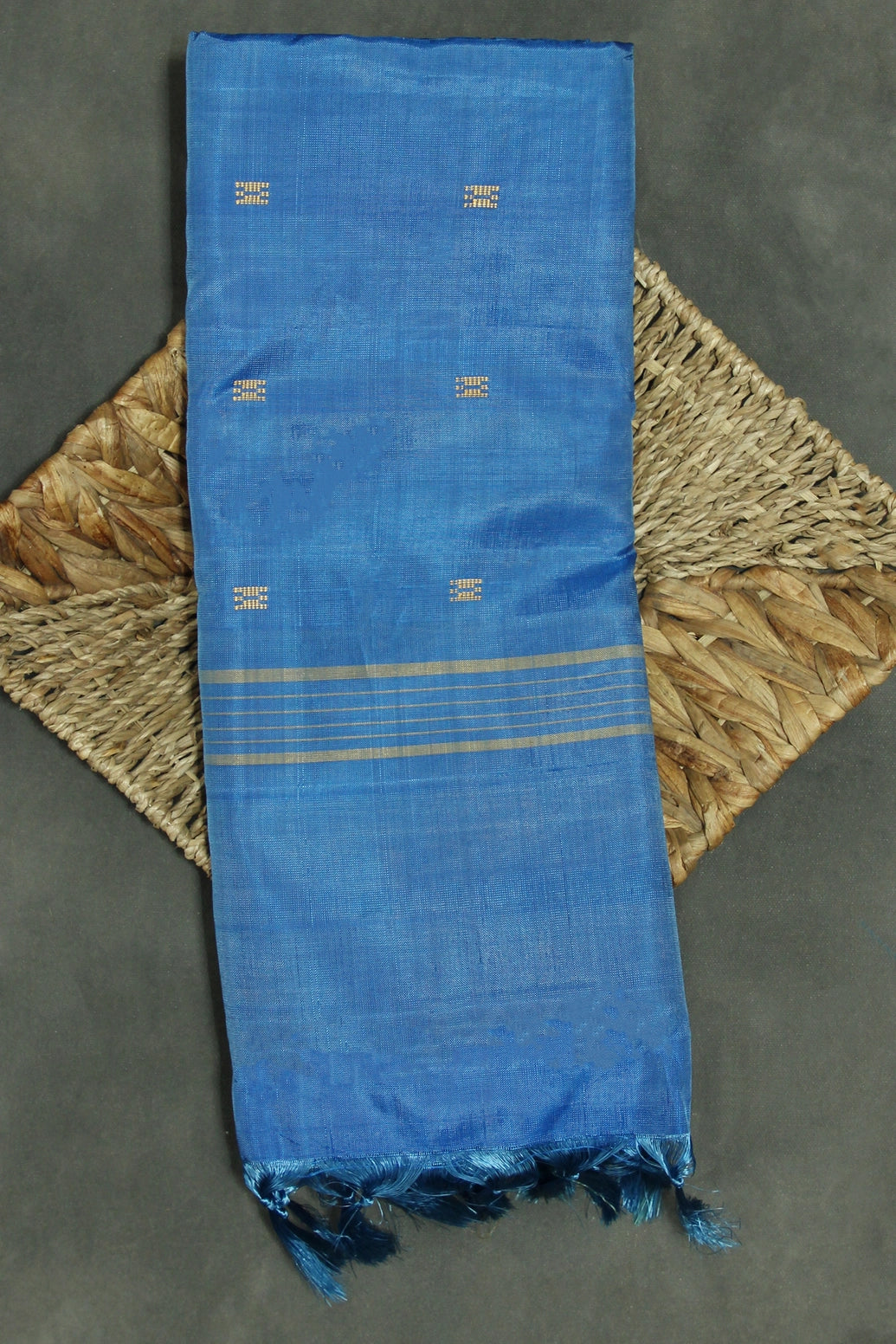 Blue & Mustard Vaazhai Naar (Banana Pith) Saree with Small Butta Allover, Borderless Design, Striped Pallu - Blue & Mustard