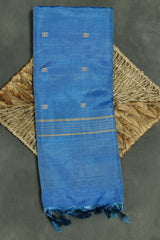 Blue & Mustard Vaazhai Naar (Banana Pith) Saree with Small Butta Allover, Borderless Design, Striped Pallu - Blue & Mustard