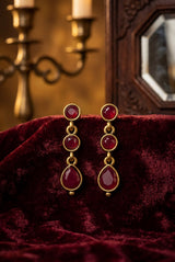 Maroon Gold-Tone Drop Fashion Earrings with Triple Oval Stones for Festive Wear - Maroon
