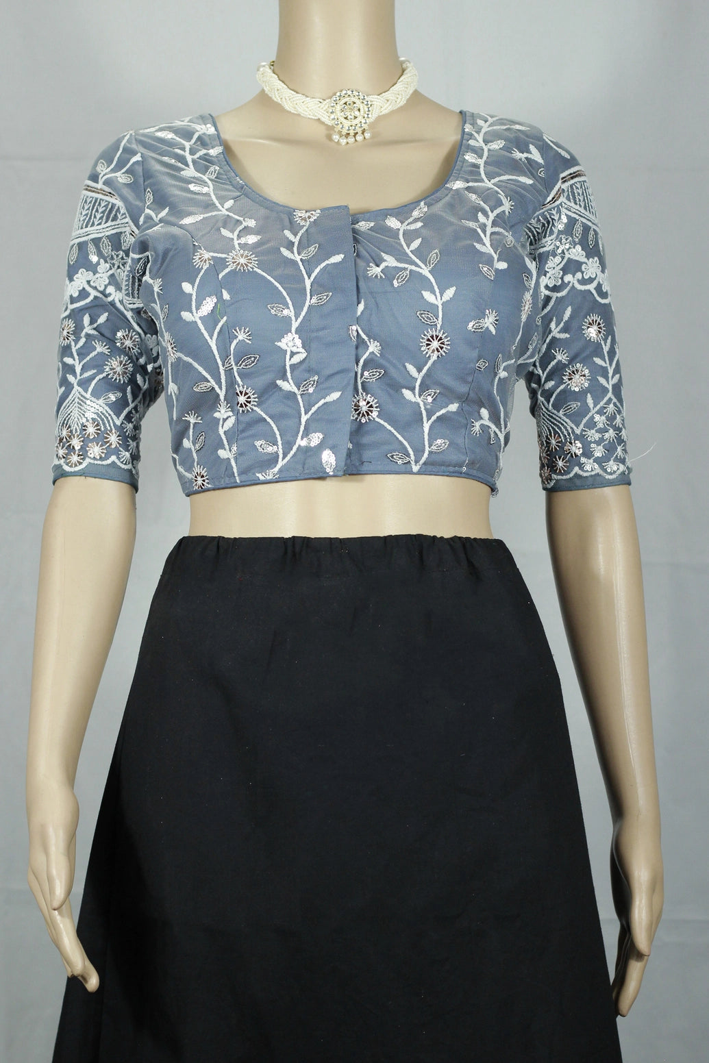 Grey Readymade Padded Designer Blouse with Aari Floral Work, Elbow Sleeve, Back Knot (Stitched) - Grey