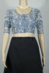 Grey Readymade Padded Designer Blouse with Aari Floral Work, Elbow Sleeve, Back Knot (Stitched) - Grey