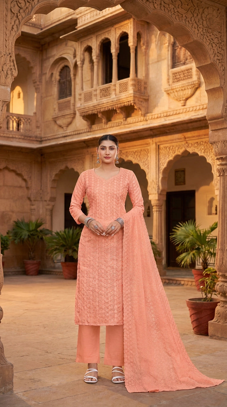 Orange Cotton Mal-Mal Kurti Set with Floral Print and Schiffli Work Dupatta, 3-Piece Ethnic Suit for Women - Orange