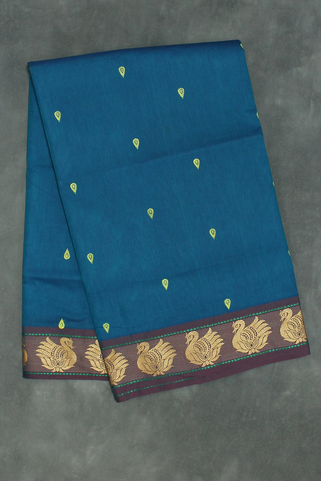 Rama Blue Poly Cotton Butta Saree with Gold-Colour Swan Thread Border - Traditional Indian Saree Saree JCS Fashions Rama Blue 5.5 meters