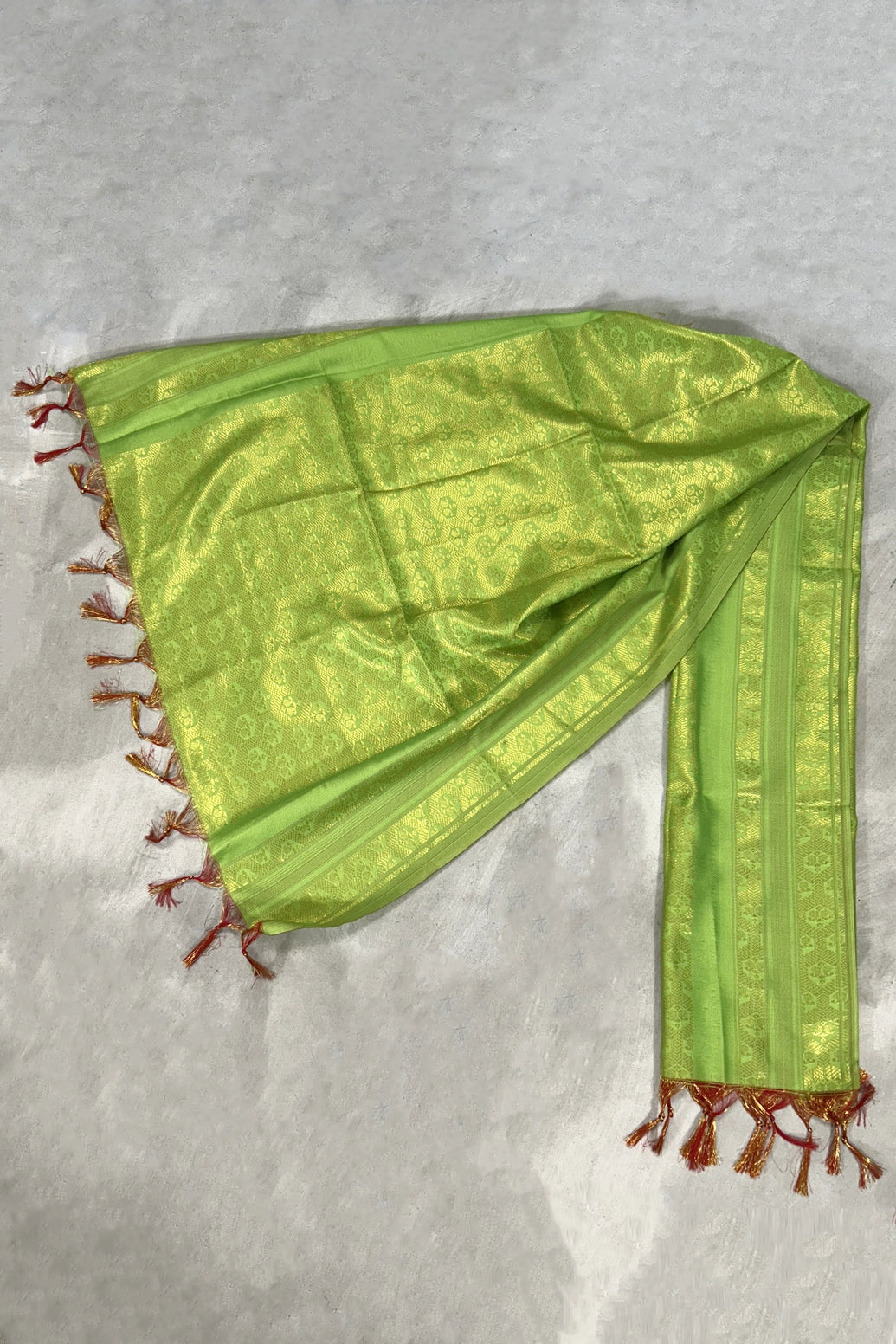 Parrot Green Ponnadai Poly Silk Jacquard Temple Shawl with Zari Pattern and Tassels | South Indian Function Dupatta - Parrot Green