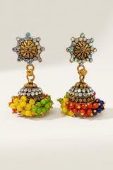 Traditional Jhumka Earrings with Dome Design, Multi-Color Beads and Stone Work, Gold-Tone Fashion Jewellery for Women - Multi color