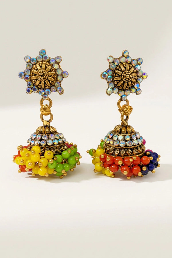 Traditional Jhumka Earrings with Dome Design, Multi-Color Beads and Stone Work, Gold-Tone Fashion Jewellery for Women - Multi color