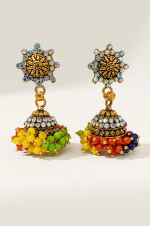 Traditional Jhumka Earrings with Dome Design, Multi-Color Beads and Stone Work, Gold-Tone Fashion Jewellery for Women