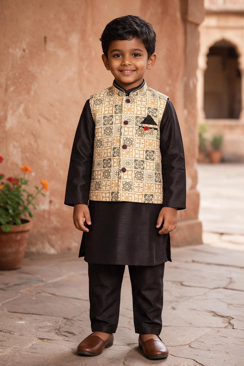 Boys Mustard Yellow Koti Kurta Set with Printed Sleeveless Koti, Kurta and Pants for Festive Traditional Wear - Mustard Yellow
