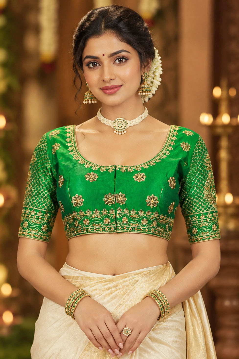 Green Designer Padded Blouse with U-Neckline, Zari Floral Butta Work, Elbow Sleeves & Back Knot - Green