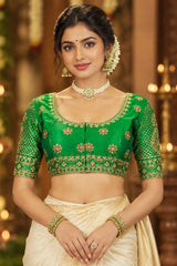 Green Designer Padded Blouse with U-Neckline, Zari Floral Butta Work, Elbow Sleeves & Back Knot - Green
