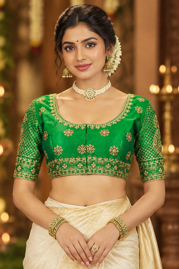 Green Designer Padded Blouse with U-Neckline, Zari Floral Butta Work, Elbow Sleeves & Back Knot - Green