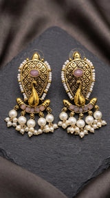 Antique Gold Tone Onion Pink Traditional Statement Earrings with Oval Stone, Bead Work and Pearl Tassel Hangings - Onion Pink