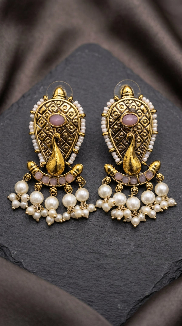 Antique Gold Tone Onion Pink Traditional Statement Earrings with Oval Stone, Bead Work and Pearl Tassel Hangings - Onion Pink