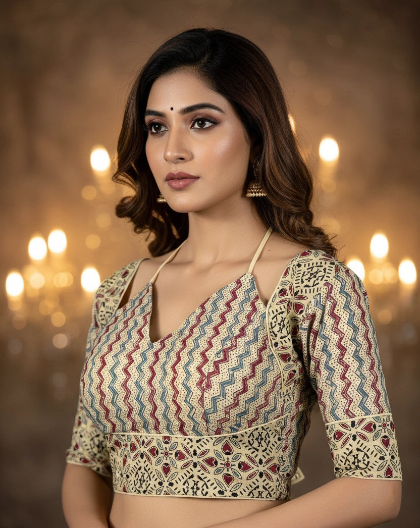 White Zigzag Ajrakh Print Readymade Padded Blouse with Back Knot, Elbow Sleeves, Fully Stitched - White