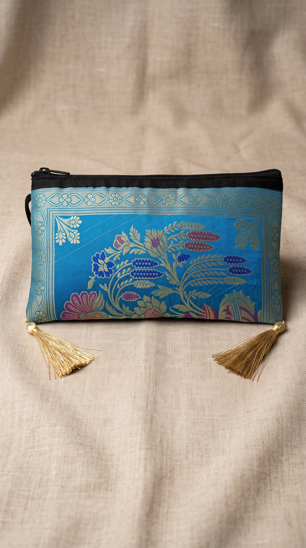 Royal Blue Banarasi Brocade Zip Pouch Clutch with Tassel, Embroidered Nylon 21x10x4 cm - Royal Blue